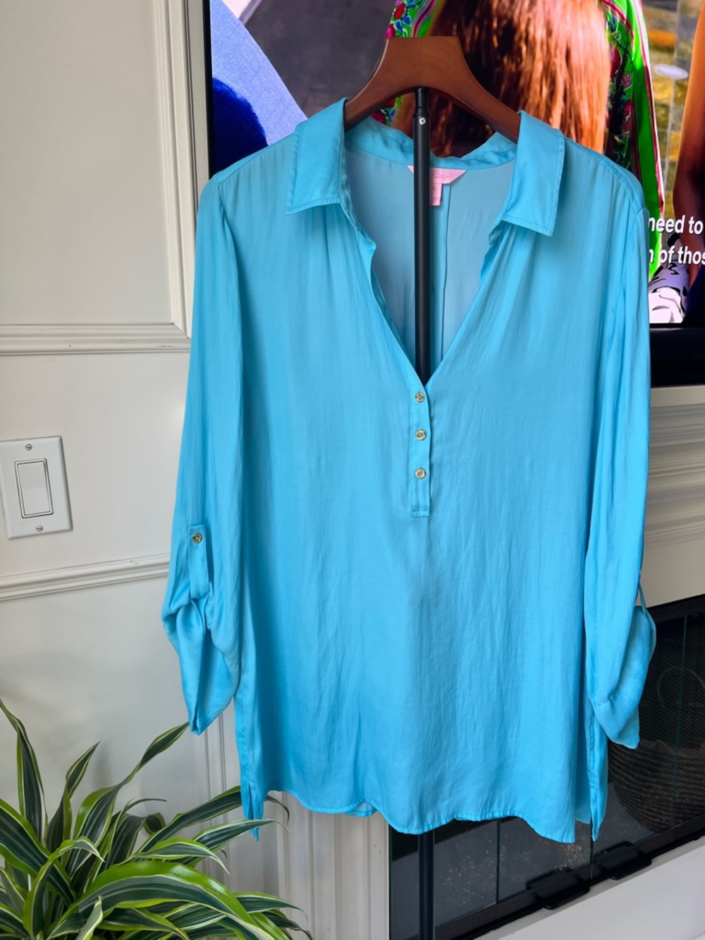 Lilly Pulitzer Turquoise Roll-Tab V-Neck Tunic
